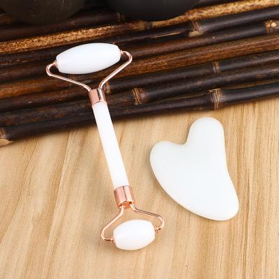 China Gift Box Natural White Jade Roller With Silicone Brush Quartz Clear Crystal Face Slimming Massager Custom Gua Sha Skin Care Souvenir Gifts Fashional for sale