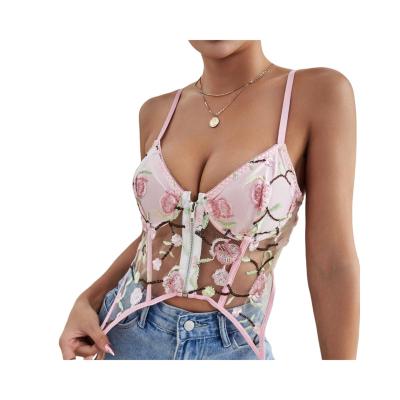 China QUICK DRY Sexy Tight Women's Designer Embroidery Flower Lace Sleeveless Chest Cut Top Perspective for sale