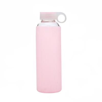 China Minimalist Glass Water Bottle Pink, Reusable Leak Proof BPA Free Motivational Water Bottle With Silicone Sleeve for sale