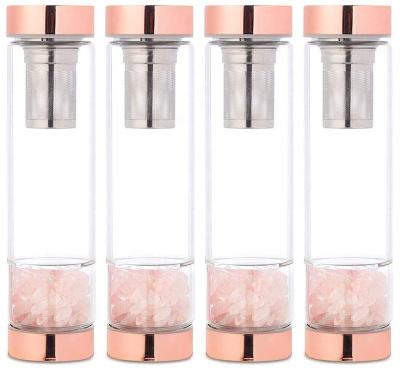 China 15oz PORTABLE Rose Gold Crystal Elixir Infused Gem Water Bottle with Tea Infuser Wellness Glass and Stainless Steel Include for sale