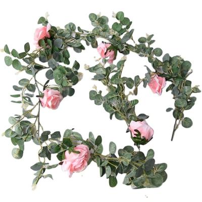 China With Wedding Decoration Rose Fashion Flower Garland 1.9m Artificial Eucalyptus Garland With Roses Door Hanger for sale