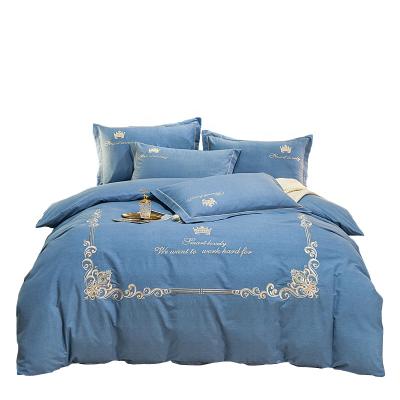 China New Fashion Luxury Folded Bedding Sets 100% Cotton Bed Sheet Set Solid Color Blue Wholesale for sale