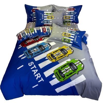 China Boys Folded Bedding Sets Custom 100% Cotton Cartoon Kids Blue Car Fitted Sheet Comforter Cover for sale