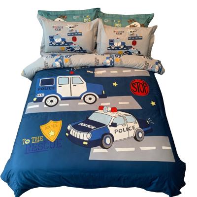 China Folded Bed Set For Boy Bed Piece Set Flat Fitted Sheet Bedding Set Cotton Police Car Wholesale for sale