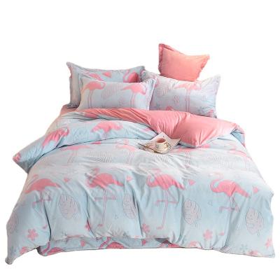 China Modern Blue Flamingo Folded 6D Cut Out Velvet Flannel Bedding Set Flannel Sheet Set Flannel for sale