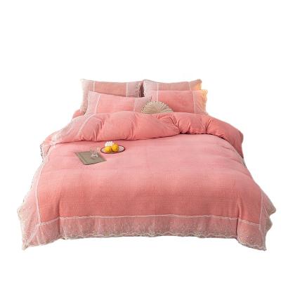 China Warm Milk Folded Crystal Velvet Flannel Bedding Set Coral Fleece Wholesale Girls Winter Pink Ruffles for sale