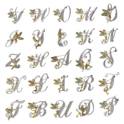 China Europe New Trend Faery Elf Rhinestone 26 Letter Brooch Lovely For Women Brooches Custom Jewelry for sale