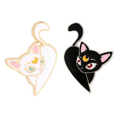 China Innovative Moon Trendy Cartoon Cat Enamel Pins Black White Brooch Fashion Clothes Package Badges Jewelry Gift for Friend for sale