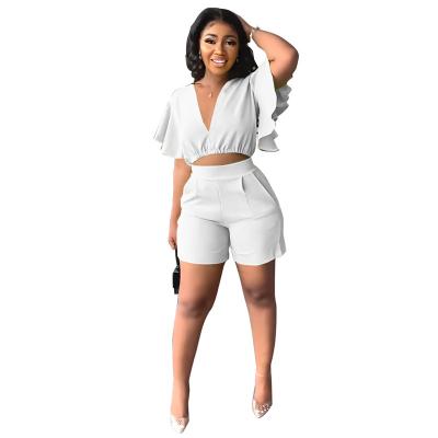 China Anti-pilling Women Summer Sexy 2 Piece Set Outfits Ruffle Short Sleeve Deep Shorts Two Piece Set Top Crop Ladies Active Tracksuit C169 for sale