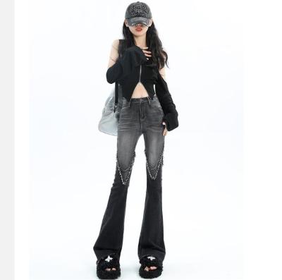 China Womens 90s Korean Fashion Punk Grunge Waterproof Vintage Streetwear Y2k Jeans High Waist Brushed Denim Pants Black Wide Leg Flare Pants for sale