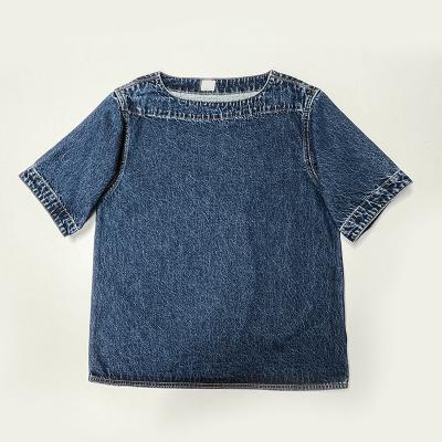 China Other Autumn Blue Color Women's Tee Shirt OEM/ODM RTS Women's Cotton Denim Half Sleeve Oversized Slash Neck Fashion Shirt for sale