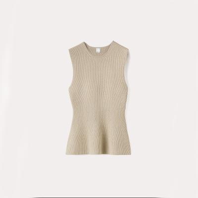 China OEM/ODM RTS Women Viscose Elastic Slim Fit Shirt Knitted Sleeveless Solid Color O-Neck Fall/Summer Ruffles Elastic Women Tank Shirt for sale