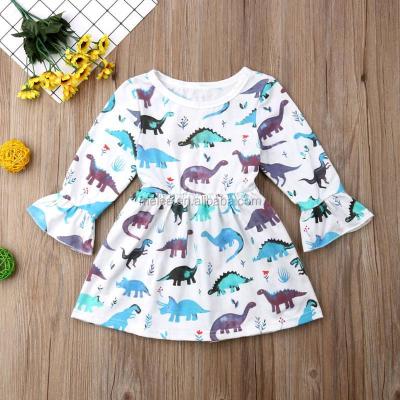 China Sustainable INS Girls Long Sleeved Dinosaur Full Print Dresses Kids Cotton Dress for sale