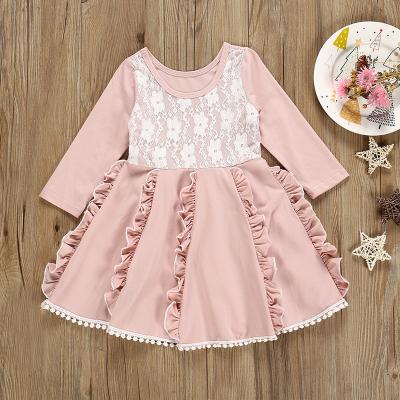 China Washable Kids Cotton Dress Ruffles Lace Up Girls Princess Long Sleeve Dress Pink Spring Autumn for sale