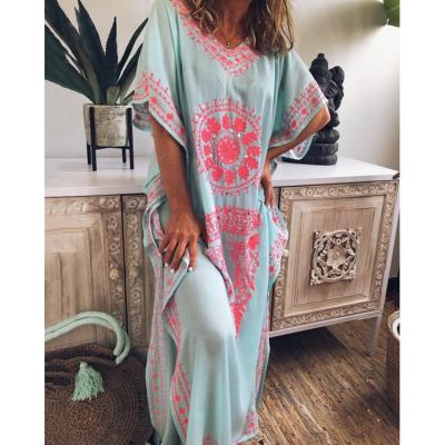 China P109034 Women's Overall Beach Wear Print V-Neckline Full Skirt Summer Swim Dress Loose Bohemian Bikini Breathable for sale