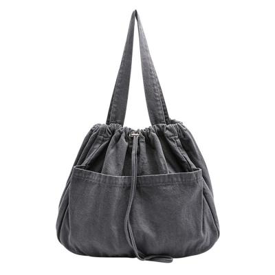 China Korean Handled Drawstring Canvas Bag Tote Hand Bags Fashion Washed Denim Bag for sale