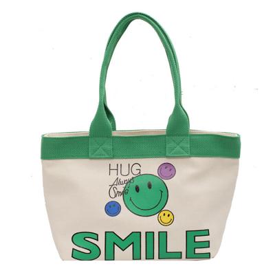 China Wholesale Canvas Handled Bags For Women Baby Diaper Tote Bag Smile Canvas Shoulder Bag for sale