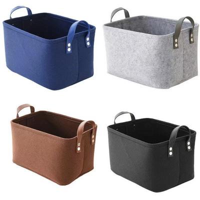 China Gray Collapsible Storage Bin Felt Folding Handmade Laundry Storage Basket with PU Leather Handles for sale