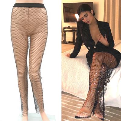 China New Design C016 Non-toxic Women's Net Loose Pants Sexy Ladies Long Pants Black Crystals Beach Club Party Pants for sale