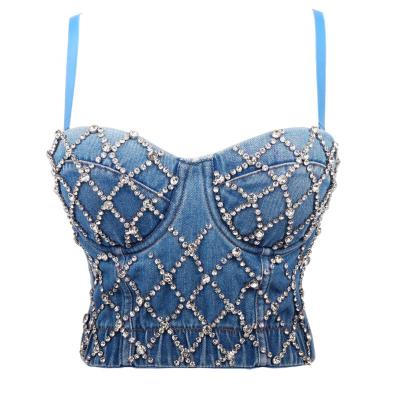 China C475 Factory Breathable Custom Denim Diamond Colorful Crystals Crop Top Nightclub Women's Tank Top Rhinestone Bustier for sale