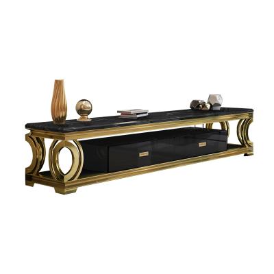 China Villa Whole Customization Lobby Gold Luxury Living Room TV Stands Set Metal Stainless Steel Furniture Marble Table Top And Glass Rectangular Black Base for sale