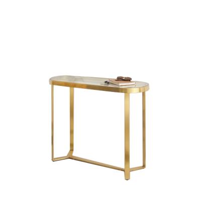 China Modern Adjustable Arc Gold Modern Porch Metal Console Table Lobby Glass Top (Height) Console Table With Mirror Luxury Small Console Table Hot for sale