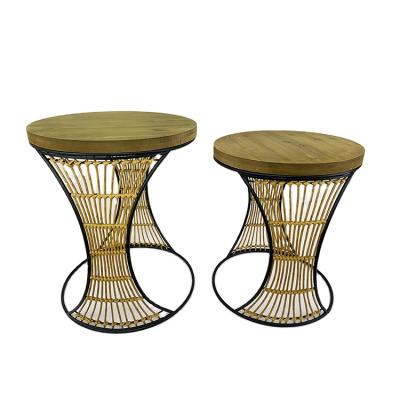 China Modern Living Room Durable Round Medieval Wooden Tea Rattan Iron Table Accent Side Coffee Table for sale