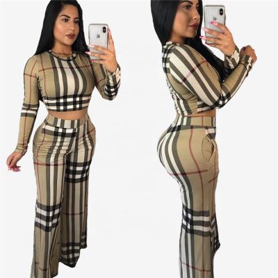 China Anti-static Hot Selling Plaid Crop Leg Top Wide Leg Women Clothing Two Piece Outfits Set For Ladies for sale