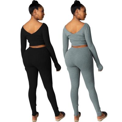 China Wholesale YINIEN 2022 Clothing BASICS Beautiful V-Neckline QUICK DRY Rib-knit Crop Top Pants Set For Women for sale