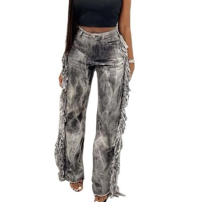 China Fringe High Waist QUICK DRY Stylish Women Designer Jeans Tie Dye Straight Leg Jeans Pants With Tassels for sale