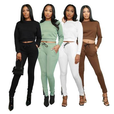 China Anti-pilling Women Solid Color Two Piece Set Sports Outfits Long Sleeve Hoodies Suit Autumn Pullover O-Neck Long Pants Frame Suit for sale