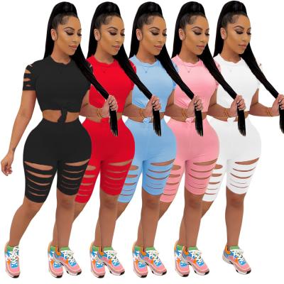 China 2022 Breathable Hot Sale 2 Piece Set Women Ripped Outfits Fitness Sports Wear Biker Shorts Women Two Piece Set for sale