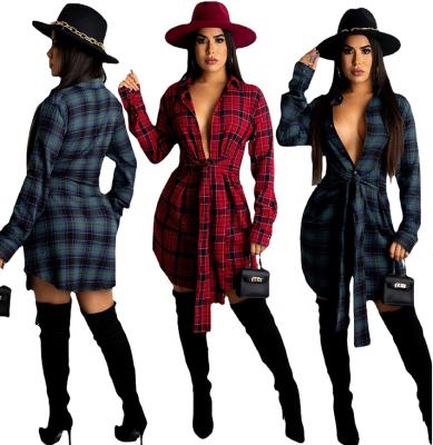 China Autumn Women Boutique Clothing Casual Long Sleeve Bandage QUICK DRY Plaid Combed Cotton Shirt Dress Street Wear Elegant Long for sale