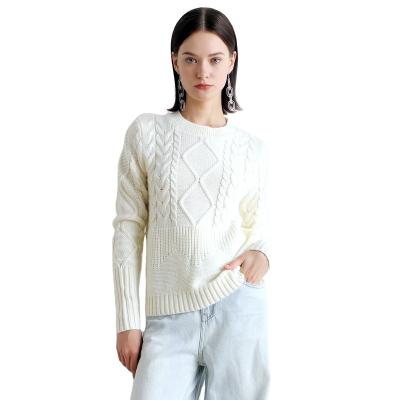 China Women's Slit Loose Raw Needle Knitted Winter Wool Lozenge Twist Crewneck Pullover Black And White Sweater for sale