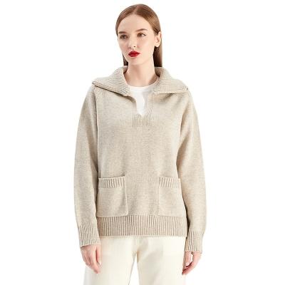 China Winter Women Woolen Loose Warm Loose Sweater Long Sleeves Turn Down Collar Knitted Jumper Thick Pullovers With Pockets for sale