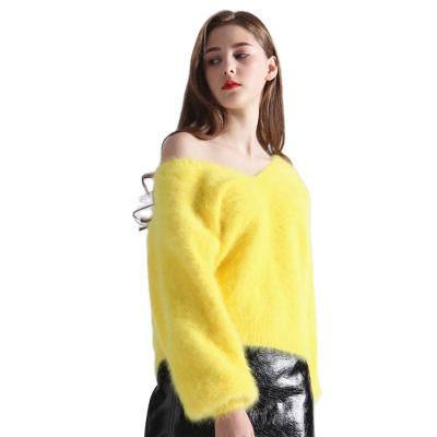 China Plush Texture Winter Women's Jumper Sweater V-Neck Lantern Sleeve Wool Knitted Pullovers Keep Thick Warm Loosely for sale