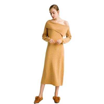 China Autumn Long Sleeve One Shoulder Word Lapel Female Intellectual Slant Large Long Sleeve Knitted Dress for sale