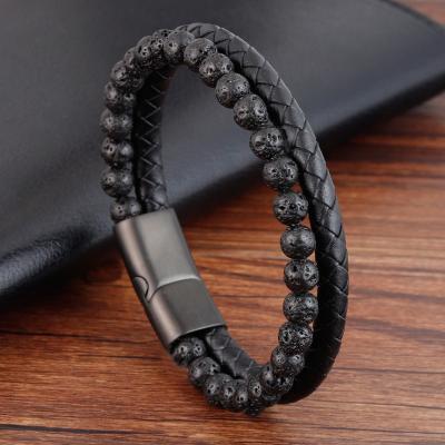 China TRENDY charm double layers genuine leather bracelets, simple stainless steel jewelry for women, fashion natural volcanic stone bracelets for sale