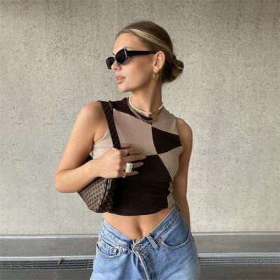 China Women's Breathable Casual Crop Top Patchwork Design Around Collar Sleeveless Tank Top for sale