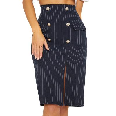 China Formal Plus Size Ladies Plus Size Button Up Striped Pencil Skirt Office Midi Side Slit Dress for sale