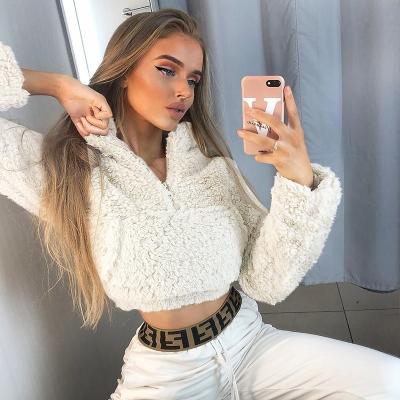 China Winter Breathable Long Sleeve High Neck Women Hide Sweatshirts Teddy Pullover Crop Top Lambswool No Hood for sale