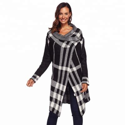 China Anti-Wrinkle Ladies Sheath Long Wrap Plaid Cardigan Draped Sweater Autumn Coat for sale