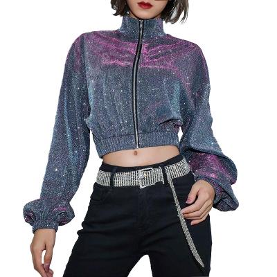 China Long Sleeve Zipper Long Sleeve High Top Women Short Bling Glitter Metallic Jacket Coat for sale