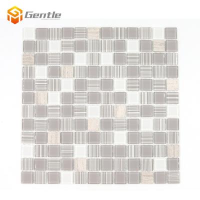 China Glossy White And Gray Square Marble Mosaic Parquet 300*300 Mm 4 Mm Thickness Mixed Glass Mosaic for sale