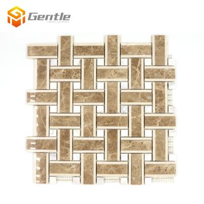 China Painforest Brown Basketweave Marble Stone Weave Parquet Kitchen Bathroom Basket White Mixed Marble Mosaic Slabs for sale