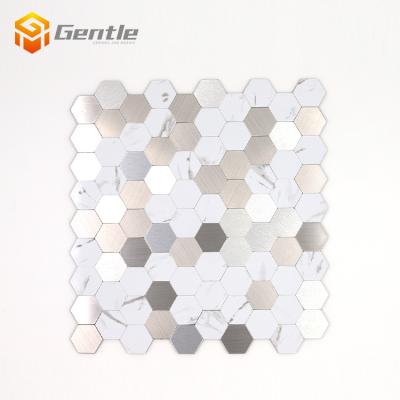 China White Mixed Silver Carrara Hexagon Aluminum Composite Floor Mosaic Kitchen Backsplash Indoor Bathroom Wall Mosaic for sale