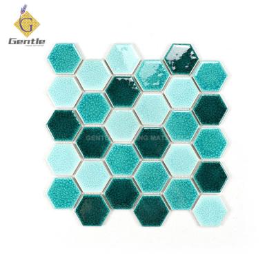 China New Product 282*271mm Flooring Ceramic Green Mixed Color Ice Cracked Mosaic Hexagon Mosaic For Swimming Pool Mosaic Tiles for sale