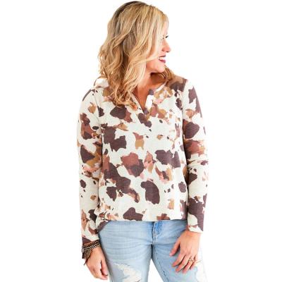 China Western Women's Plus Size Breathable Top Long Sleeve Brown Cow Print V-Neck Ivory Top for sale