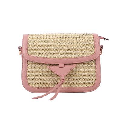 China Polyester Wicker Woven Buckets Bag Summer Beach Shoulder Cross - Body Bags PP Pink Straw Triangle Button Purses for sale