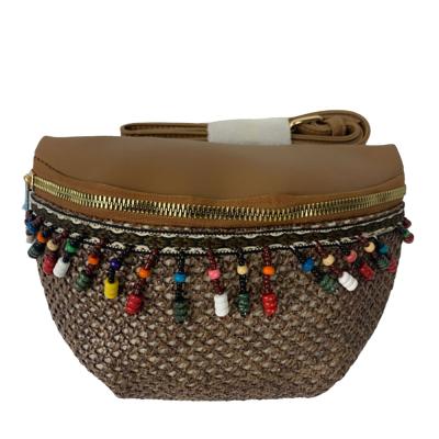 China Polyester Wicker Woven Buckets Bag Summer Beach Shoulder Cross - Body Bags Women Pearl Straw Waist Bag Purse for sale